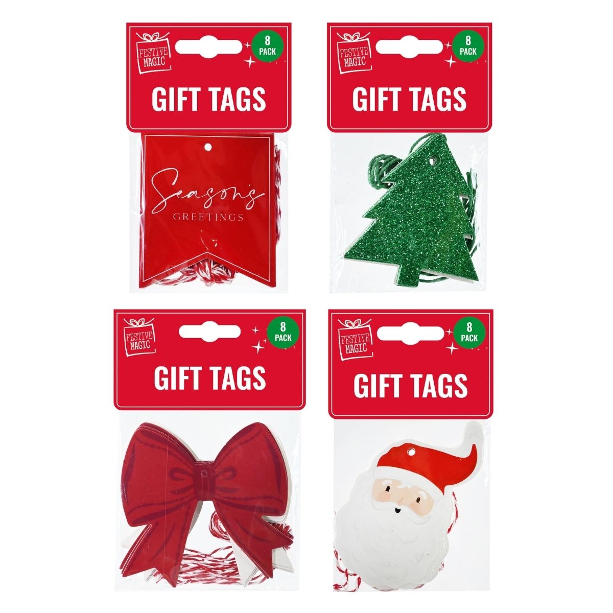 Christmas Gift Tag Die-Cut with Cotton String 8 Pack Assorted